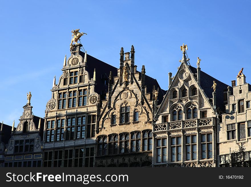 Guild Houses at Antwerp grand market under sunshine