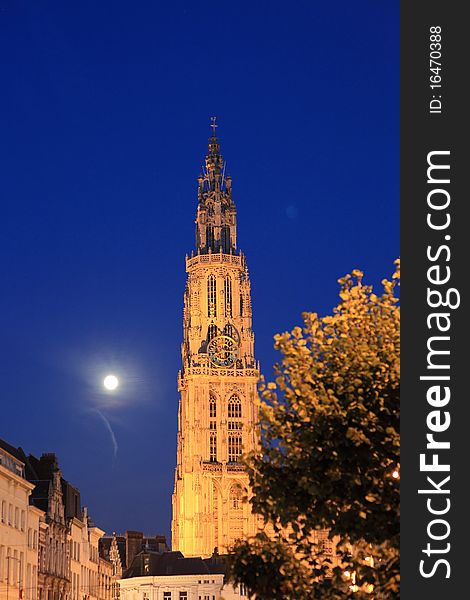 Cathedral of our Lady at a moon night, Antwerp, Belgium. Cathedral of our Lady at a moon night, Antwerp, Belgium.
