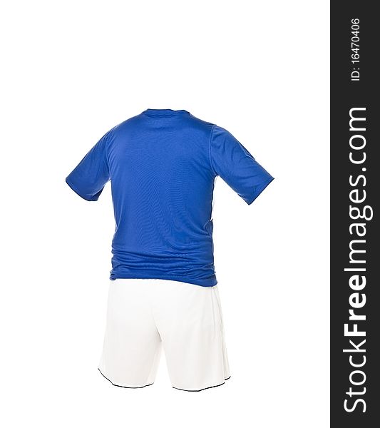 Blue football shirt with white shorts isolated on white background