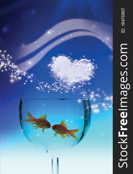 Image of a glass containing two red fishes and on I break down him/it a cloud to form of heart