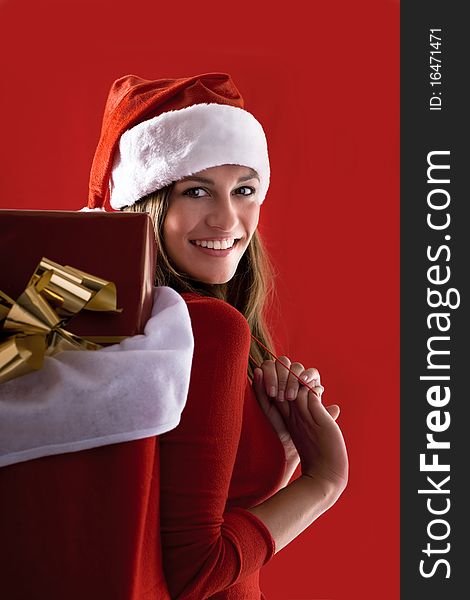 Cheerful Santa Girl carrying gifts