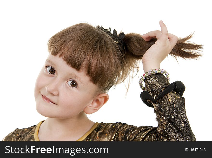 The little girl holds the hair. White background. The little girl holds the hair. White background.