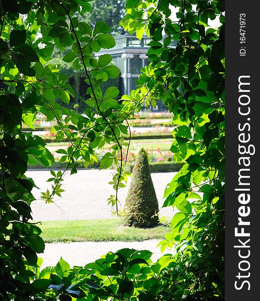 Formal garden, framed by leaves