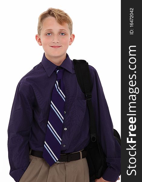 Attractive young american boy in shirt and tie with backpack over white background. Attractive young american boy in shirt and tie with backpack over white background.