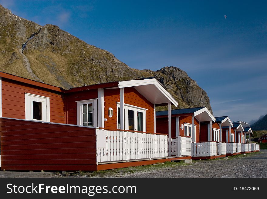 View with mountains and houses at the camping, Norway