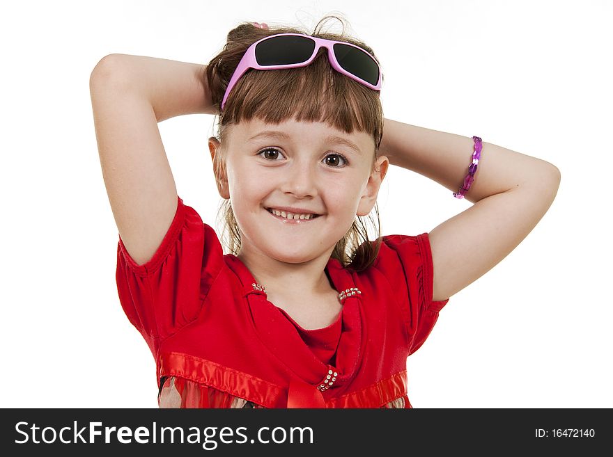 Fan little girl smiling. Isolated white.