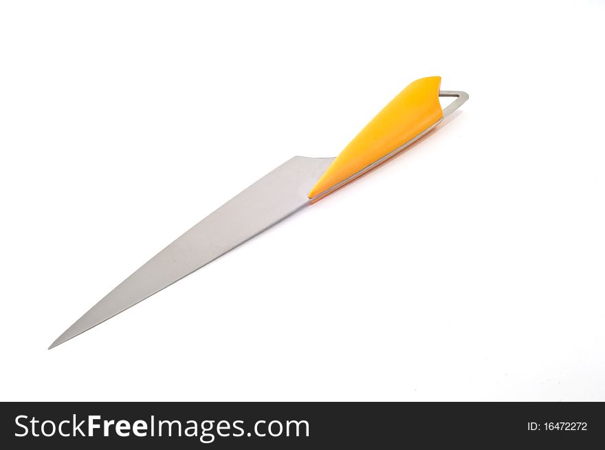 Steel knife with yellow handle on a white background