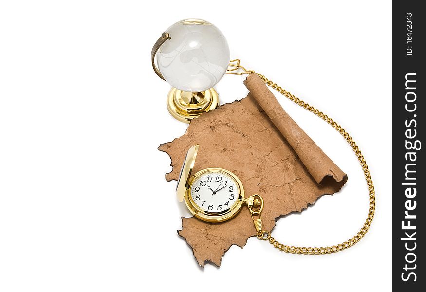 Old paper globe and clock on a white background