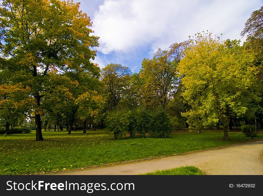 Beautiful, idyllic landscape of autumn - park with orange, green and red trees and blue sky