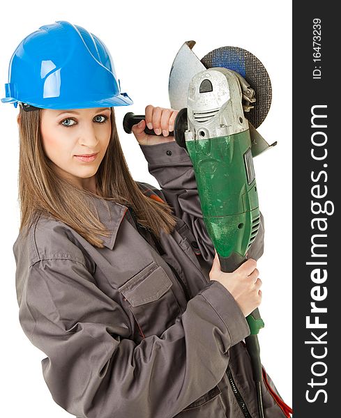 Female construction worker with blue hardhat holding grinder, isolated. Female construction worker with blue hardhat holding grinder, isolated
