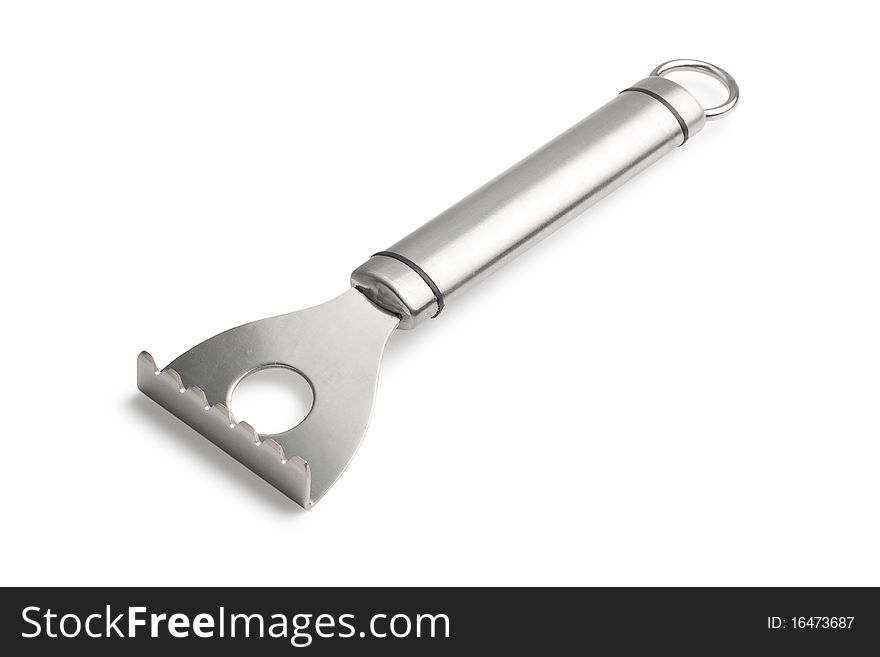 Stainless steel fish scraper, isolated on white