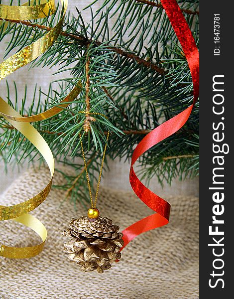 Green branches of trees with Christmas decorations. Green branches of trees with Christmas decorations