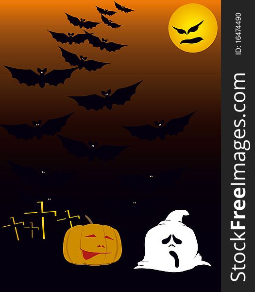 Pumpkins, bats and an evil moon are shown in the image. Pumpkins, bats and an evil moon are shown in the image