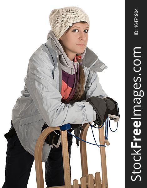 White girl making lot of fun on the sledge. White girl making lot of fun on the sledge