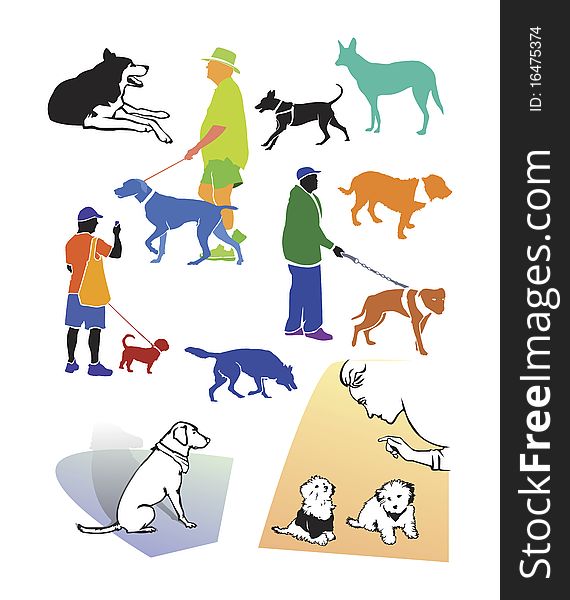 Variety of illustrations of dogs and people interacting with dogs. Variety of illustrations of dogs and people interacting with dogs