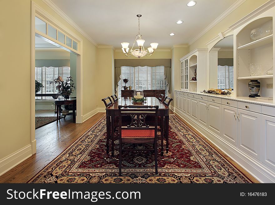 Diining room in luxury home with white cabinetry. Diining room in luxury home with white cabinetry