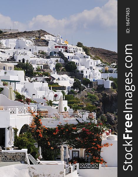 Santorini Island from Greek Cyclades archipelago at sunny day