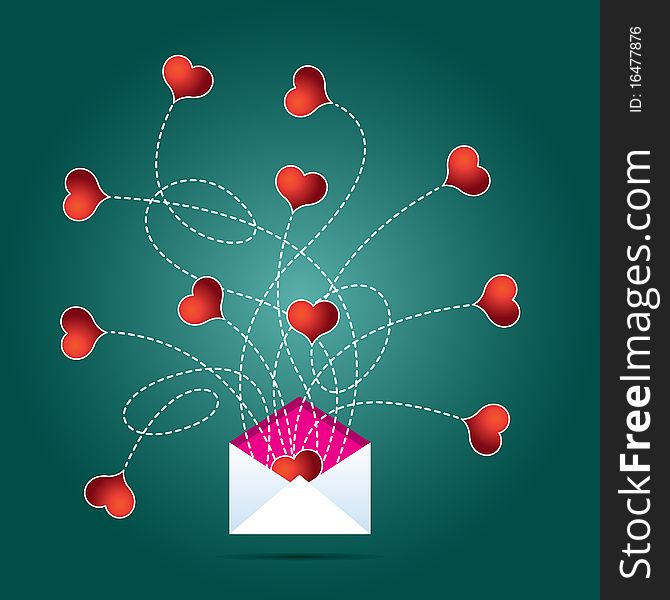 This is an illustration of an open mail envelope with a number of red hearts flying out of it. The squiggly flight paths of the hearts have been depicted using white dotted lines. The envelope is white with a pink inlay hovering over a blue green radial gradient backdrop. This is an illustration of an open mail envelope with a number of red hearts flying out of it. The squiggly flight paths of the hearts have been depicted using white dotted lines. The envelope is white with a pink inlay hovering over a blue green radial gradient backdrop.