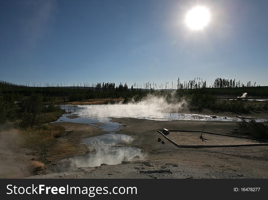 Norris geyser basin yellow stone national park with sun. Norris geyser basin yellow stone national park with sun