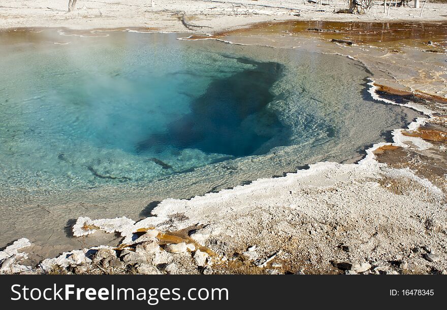 Blue colored pool of boiling water in Yellowstone National Park.