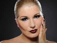 Pretty Woman Face With Perfect Lips And Black Nail Stock Photo Pretty Woman Face With Perfect Lips And Black Nail Stock Photo