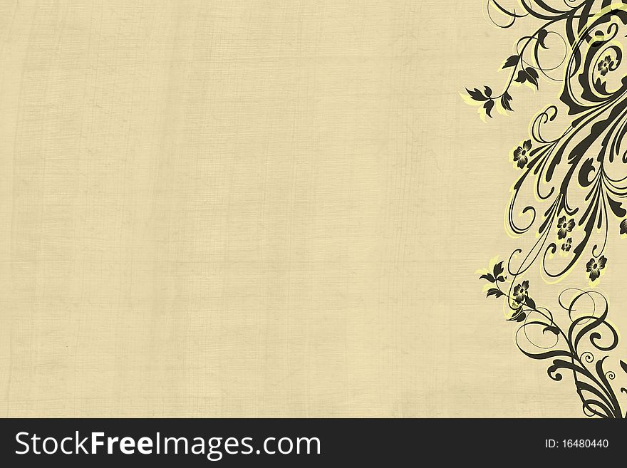 Floral scrolls on a cloth tan background.