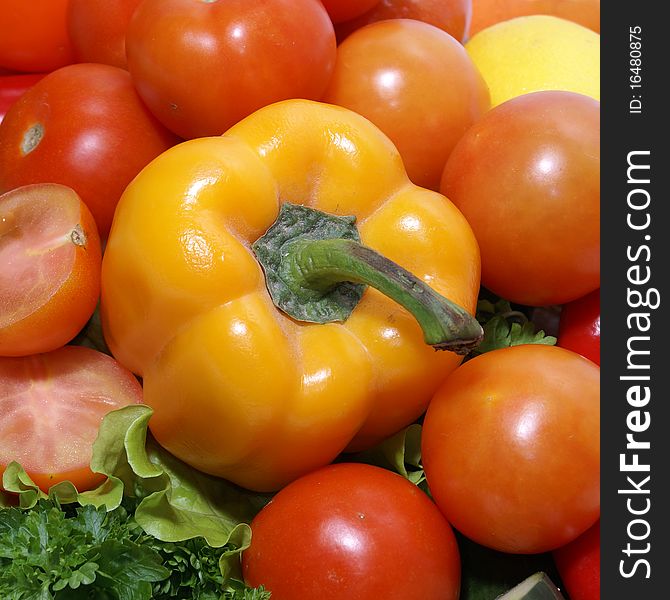 A set of different fresh and tasty vegetables, including tomatoes, parsley, pepper and cabbage. A set of different fresh and tasty vegetables, including tomatoes, parsley, pepper and cabbage.