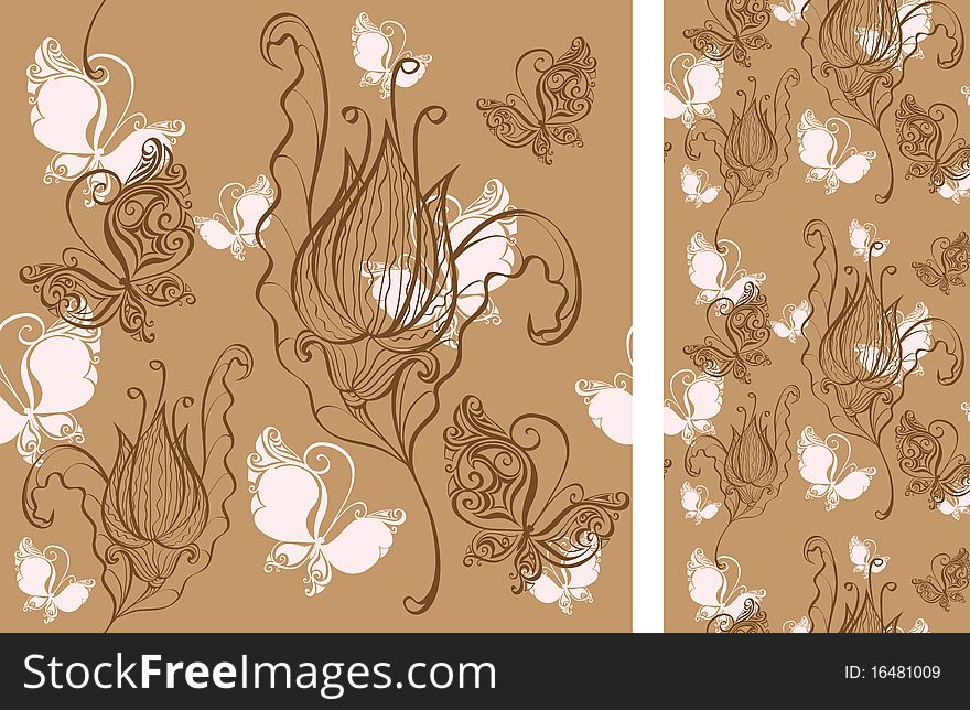 Seamless background with flowers and butterflies.No gradient. Illustration for design