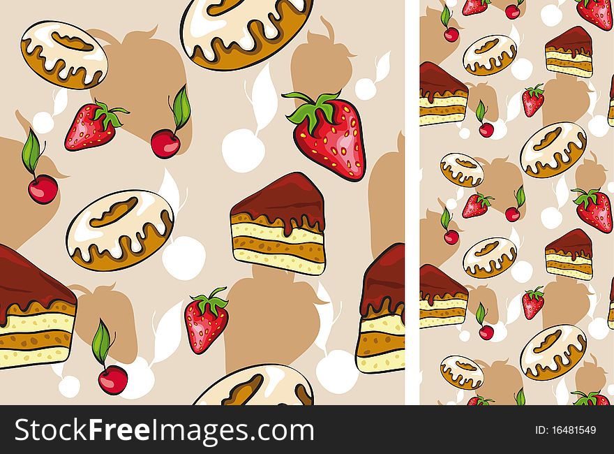 Seamless background with desserts for design. No gradient