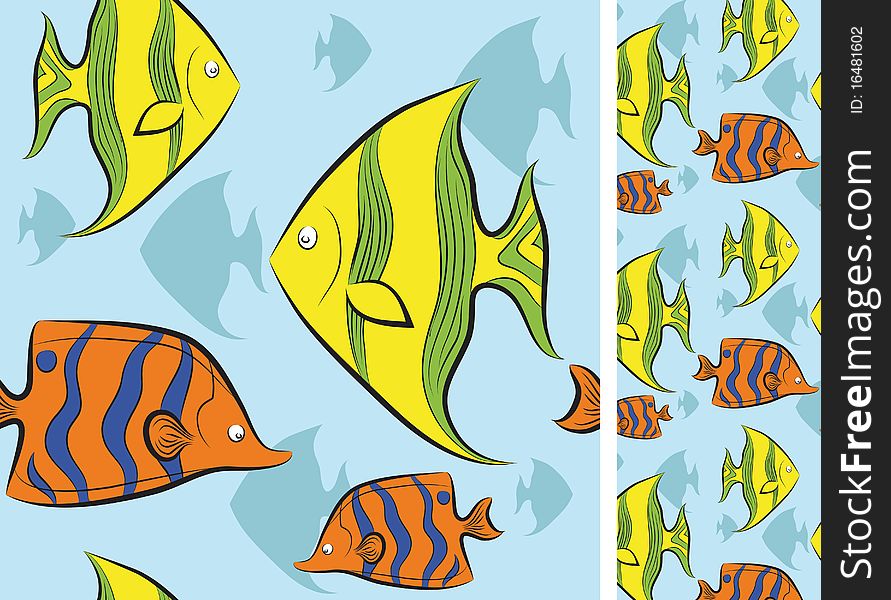 Tropical fish swim under water. illustration.