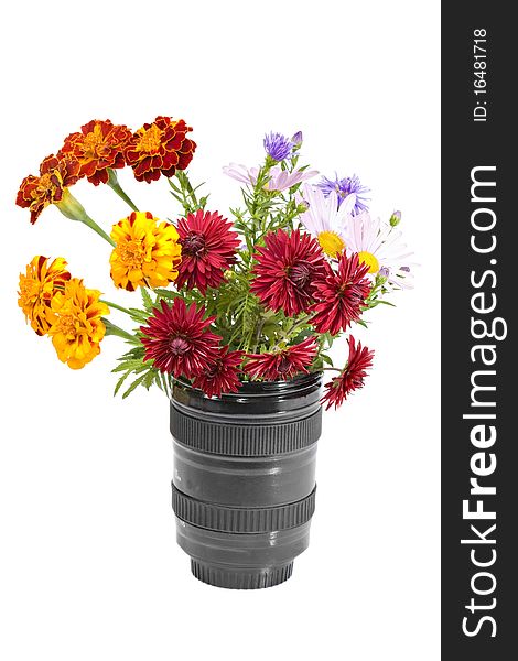 Bouquet of Flowers in the lens, isolated on a white background