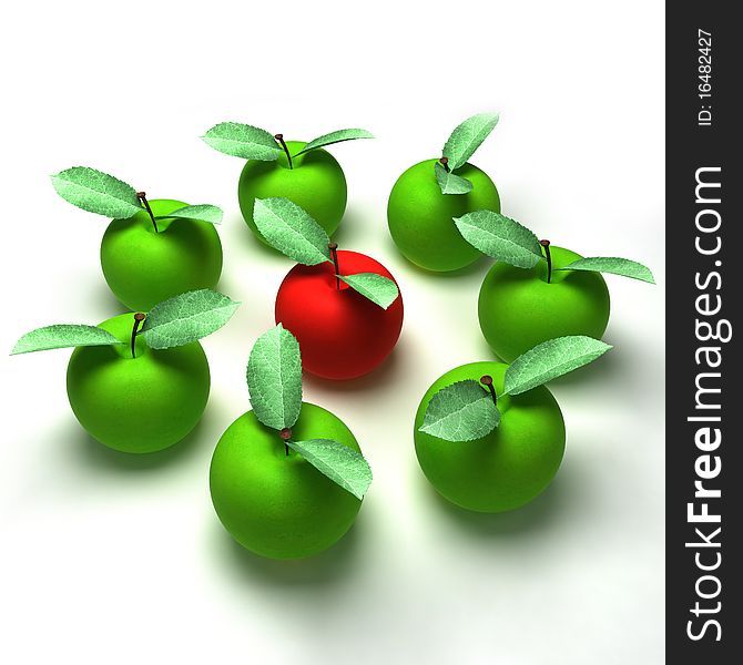 3d render of red apple surrounded by green apples. 3d render of red apple surrounded by green apples