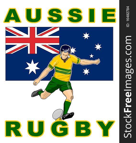 Illustration of Rugby player kicking ball front view with Australia flag in background. Illustration of Rugby player kicking ball front view with Australia flag in background