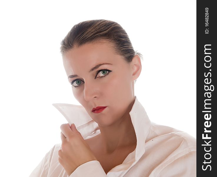 A young woman in a white shirt on a white background.