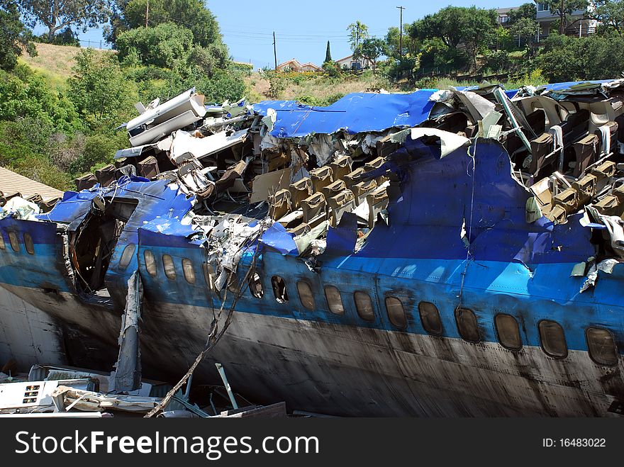 Airplane crash, burning plane after the crash