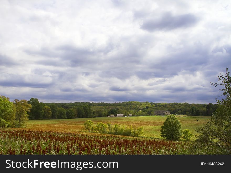 Bucolic country farm and home on hillside surrounded by trees and under a big sky with fields in foreground. Bucolic country farm and home on hillside surrounded by trees and under a big sky with fields in foreground