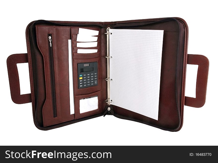 Brown Briefcase Opened Notepaper Calculator