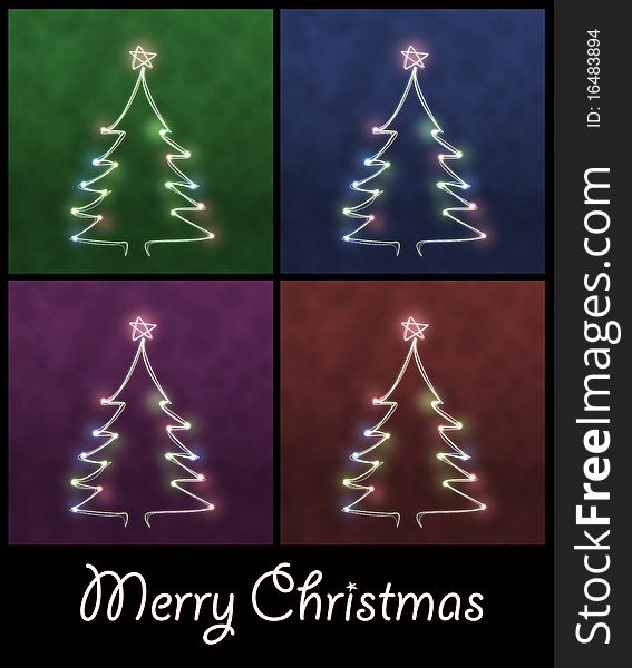 Abstract christmas trees made from light trails on green, blue, purple and red backgrounds with the text merry christmas beneath