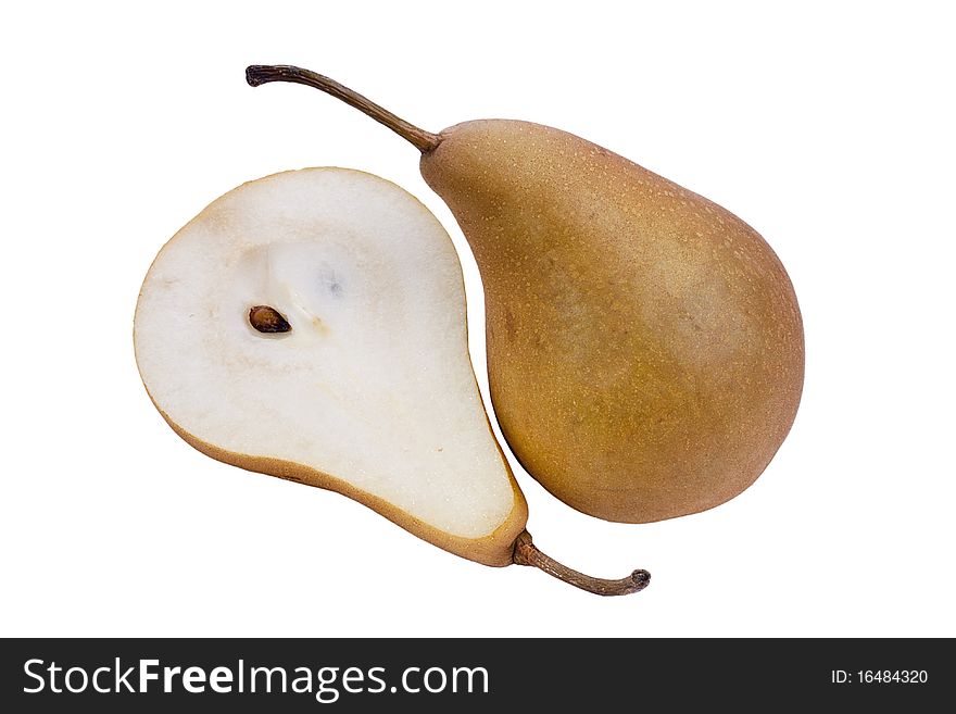 The Flavovirent pear is cut half-and-half on a white background. The Flavovirent pear is cut half-and-half on a white background.