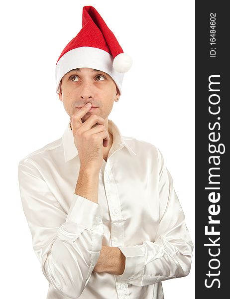Man wearing a Santa Claus hat isolated on white