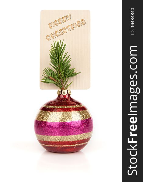 Christmas concept. Greeting card and Christmas ball isolated on a white