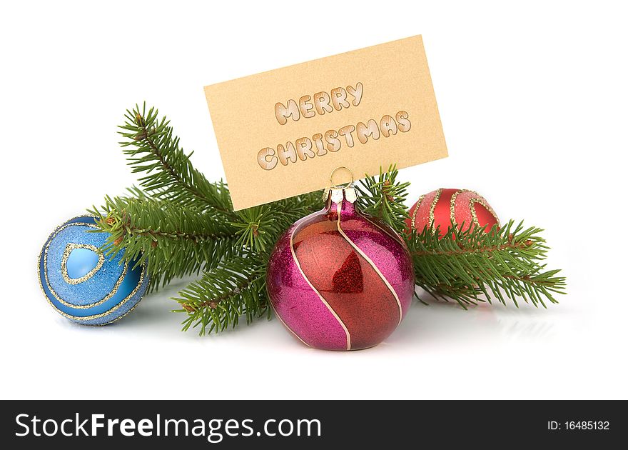 Christmas concept. Greeting card and Christmas balls isolated on a white