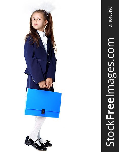 Schoolgirl with briefcase isolated on white