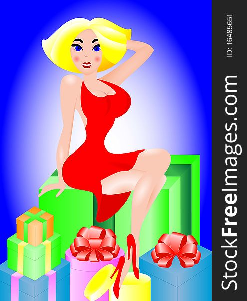 Girl on a blue background with lots of gifts. Vector image.