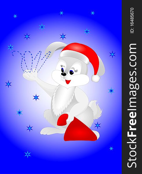 Hare in Santa Claus hat and a bag of gifts. Vector image.