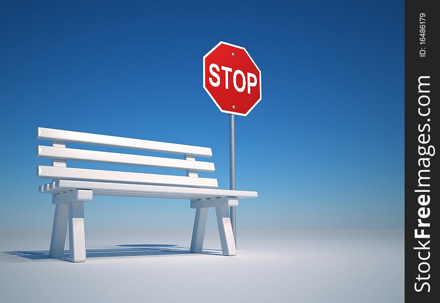 A bench and a stop sign - 3d render. A bench and a stop sign - 3d render