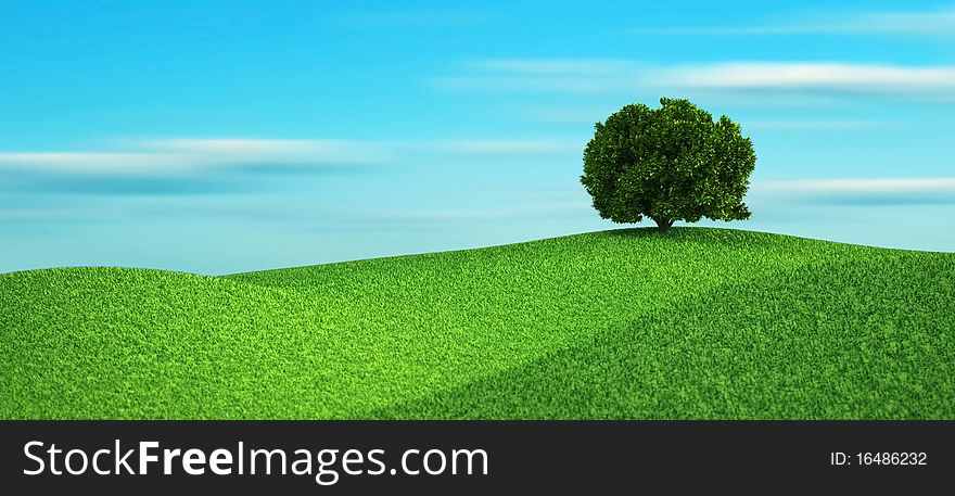 Alone tree on hill - 3d render illustration. Alone tree on hill - 3d render illustration