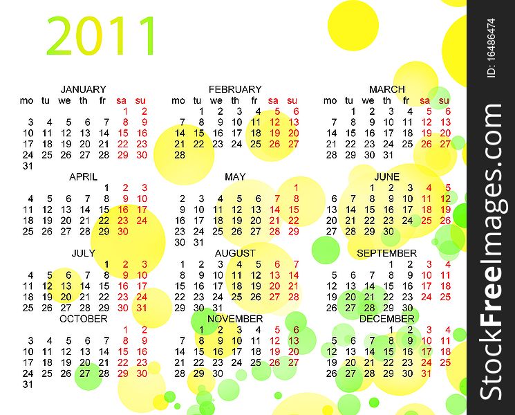 This is a calendar for 2011 on a white background. Starts sunday Helvetica font used. Colors can be changed in additional format. This is a calendar for 2011 on a white background. Starts sunday Helvetica font used. Colors can be changed in additional format.