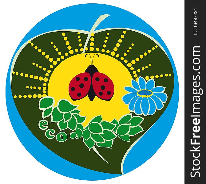 Eco logo with sun, flower and ladybug