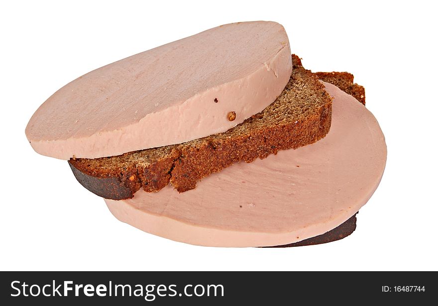 Doctor's sausage and the Borodino rye bread on a white background. Doctor's sausage and the Borodino rye bread on a white background